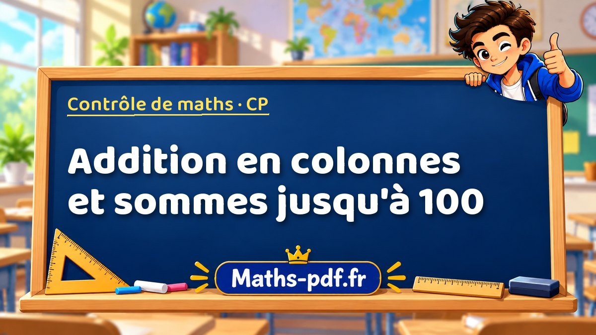 Addition en colonnes et sommes jusqu'à 100 – Contrôle de maths niveau CP sur Maths-pdf.fr