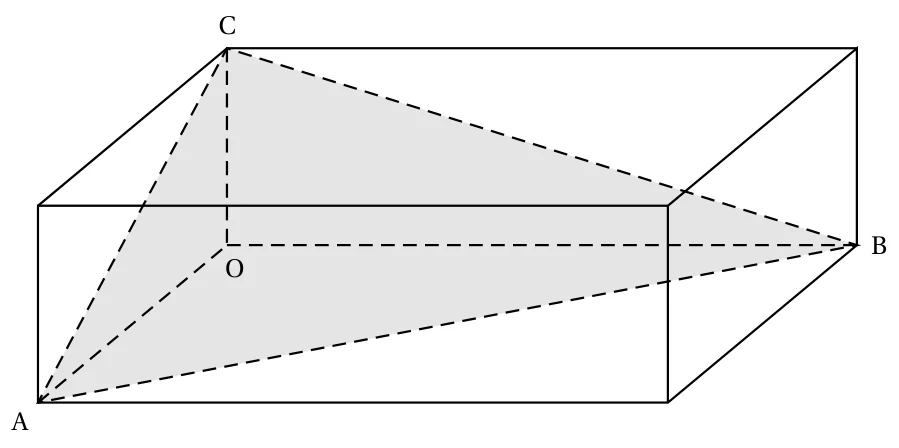 Pavé droit en perspective dont O, A, B et C sont des sommets, avec le triangle ABC grisé et les arêtes OA, OB, OC en pointillés