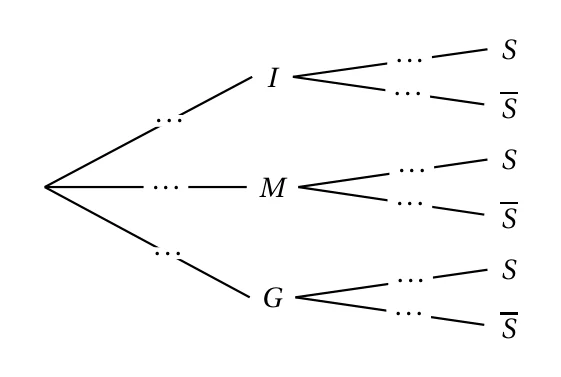 Arbre pondéré à compléter : trois branches vers I, M et G, puis de chacune deux branches vers S et S barre, toutes les probabilités remplacées par des pointillés