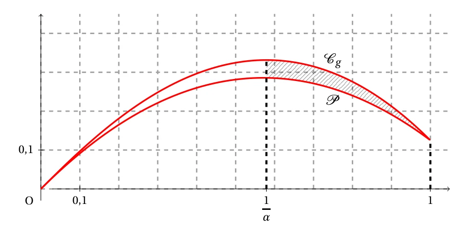 Courbe de g au-dessus de la parabole P sur l'intervalle de 0 à 1, avec le domaine hachuré entre les deux courbes pour x compris entre 1 sur alpha et 1