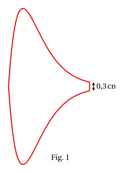 Fig. 1 : contour rouge du logo, symétrique par rapport à un axe horizontal, dont l'extrémité droite est un segment vertical de 0,3 cm