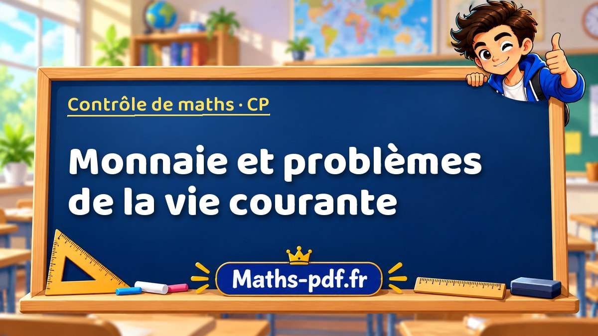 Monnaie et problèmes de la vie courante – Contrôle de maths niveau CP sur Maths-pdf.fr