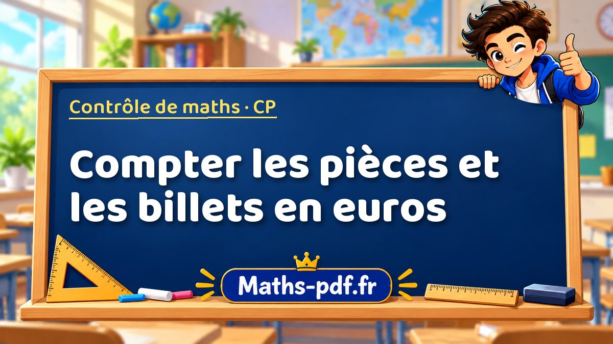 Compter les pièces et les billets en euros – Contrôle de maths niveau CP sur Maths-pdf.fr