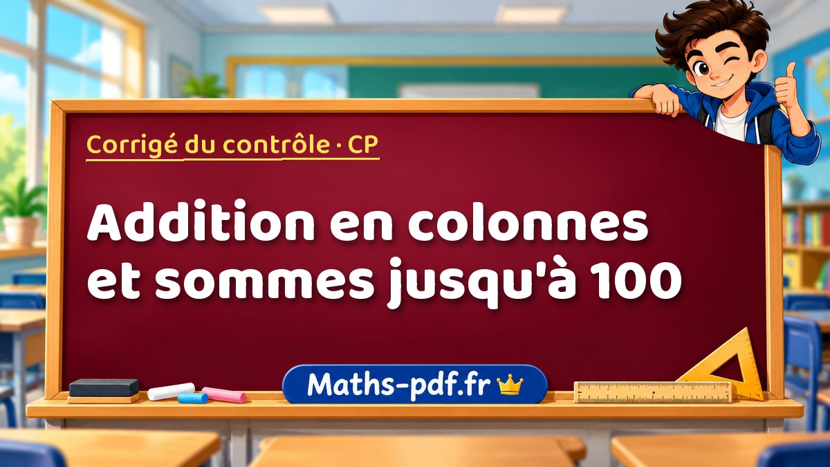 Addition en colonnes et sommes jusqu'à 100 – Corrigé de contrôle de maths niveau CP sur Maths-pdf.fr