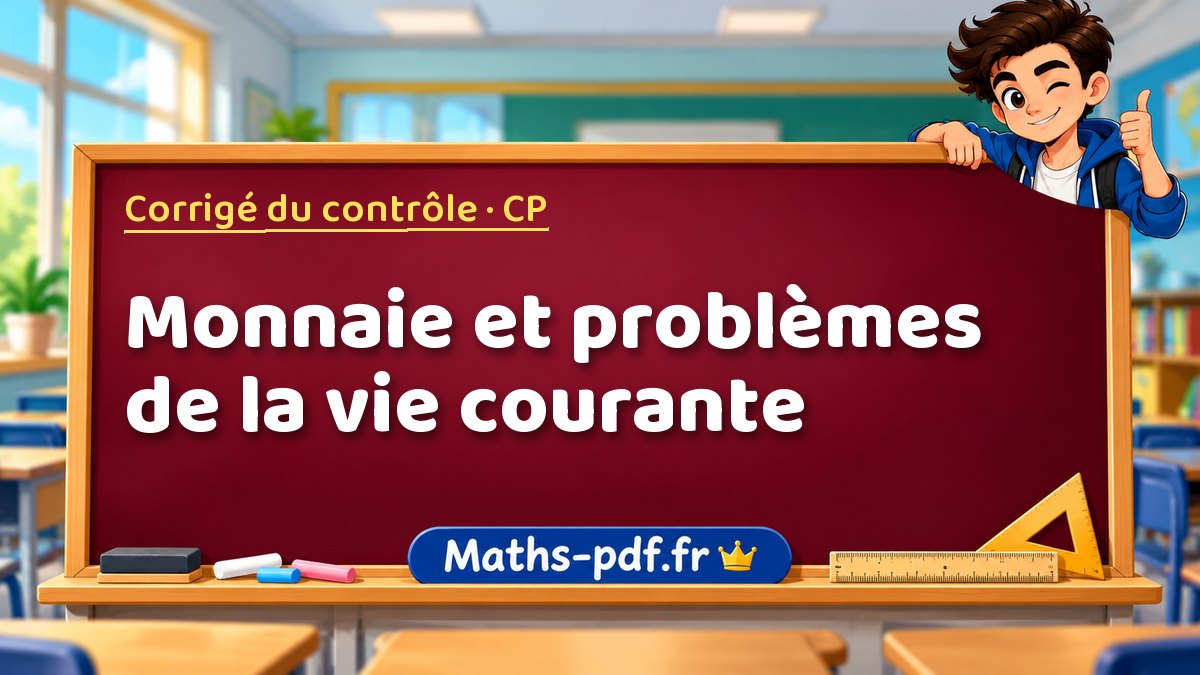 Monnaie et problèmes de la vie courante – Corrigé de contrôle de maths niveau CP sur Maths-pdf.fr