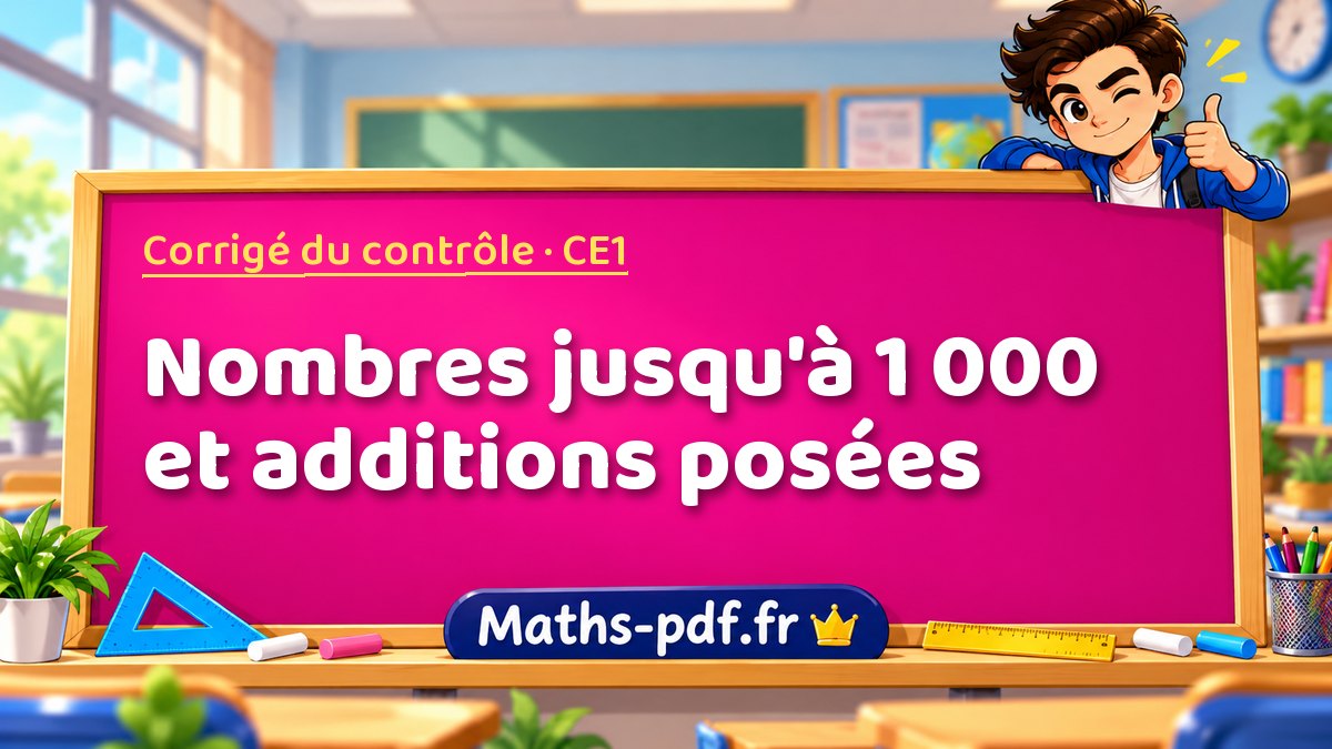 Nombres jusqu'à 1 000 et additions posées – Corrigé de contrôle de maths niveau CE1 sur Maths-pdf.fr