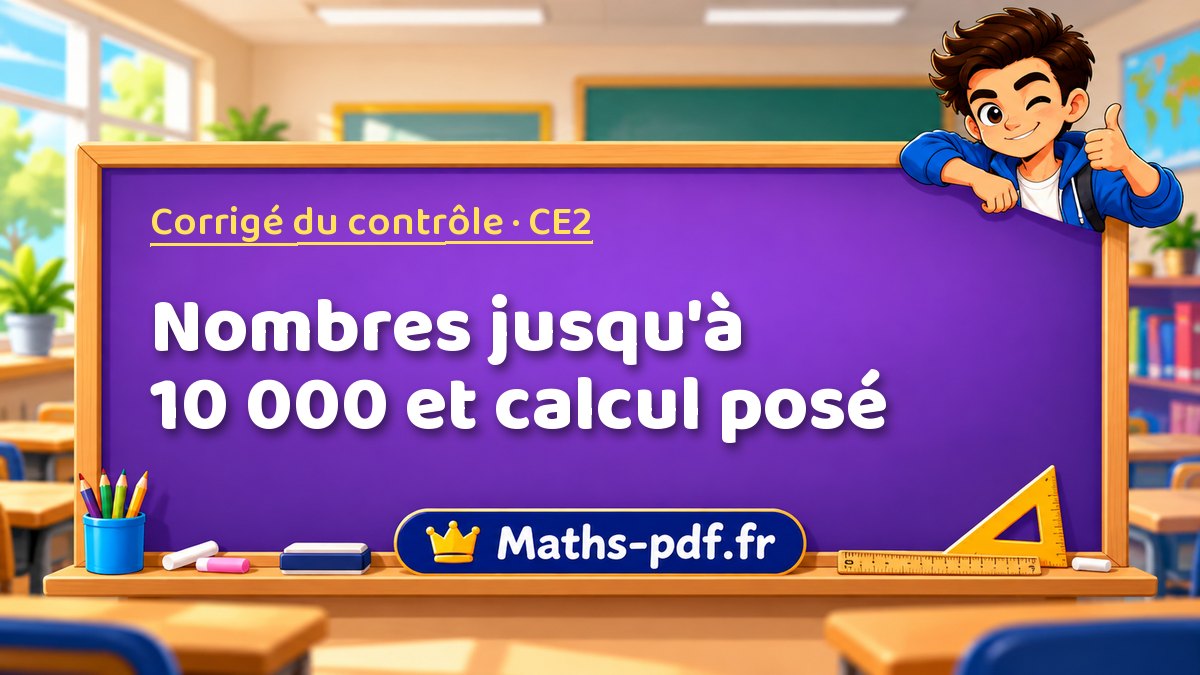 Nombres jusqu'à 10 000 et calcul posé – Corrigé de contrôle de maths niveau CE2 sur Maths-pdf.fr