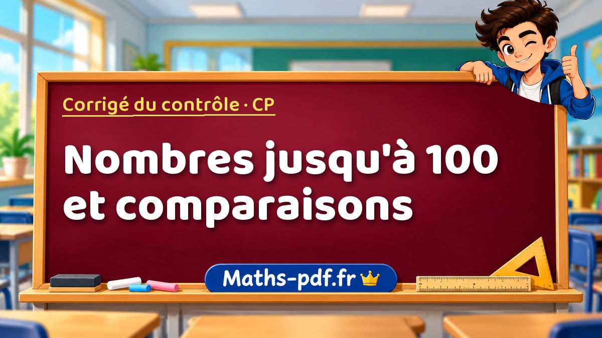 Nombres jusqu'à 100 et comparaisons – Corrigé de contrôle de maths niveau CP sur Maths-pdf.fr