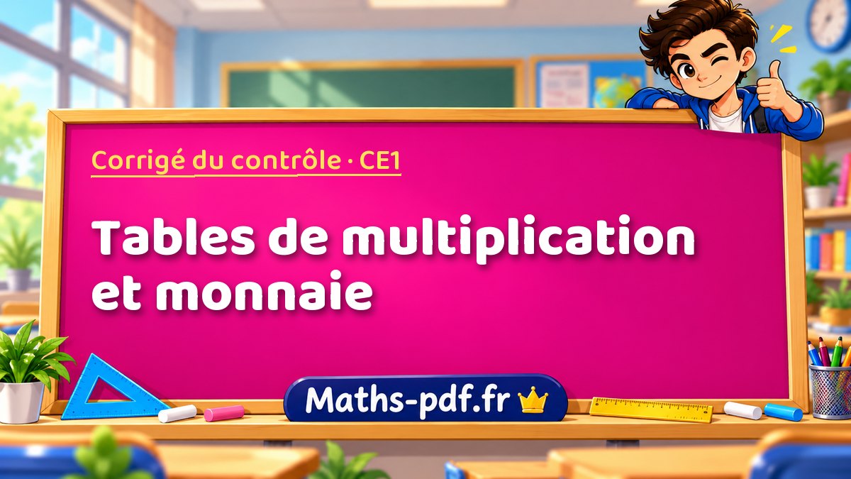 Tables de multiplication et monnaie – Corrigé de contrôle de maths niveau CE1 sur Maths-pdf.fr