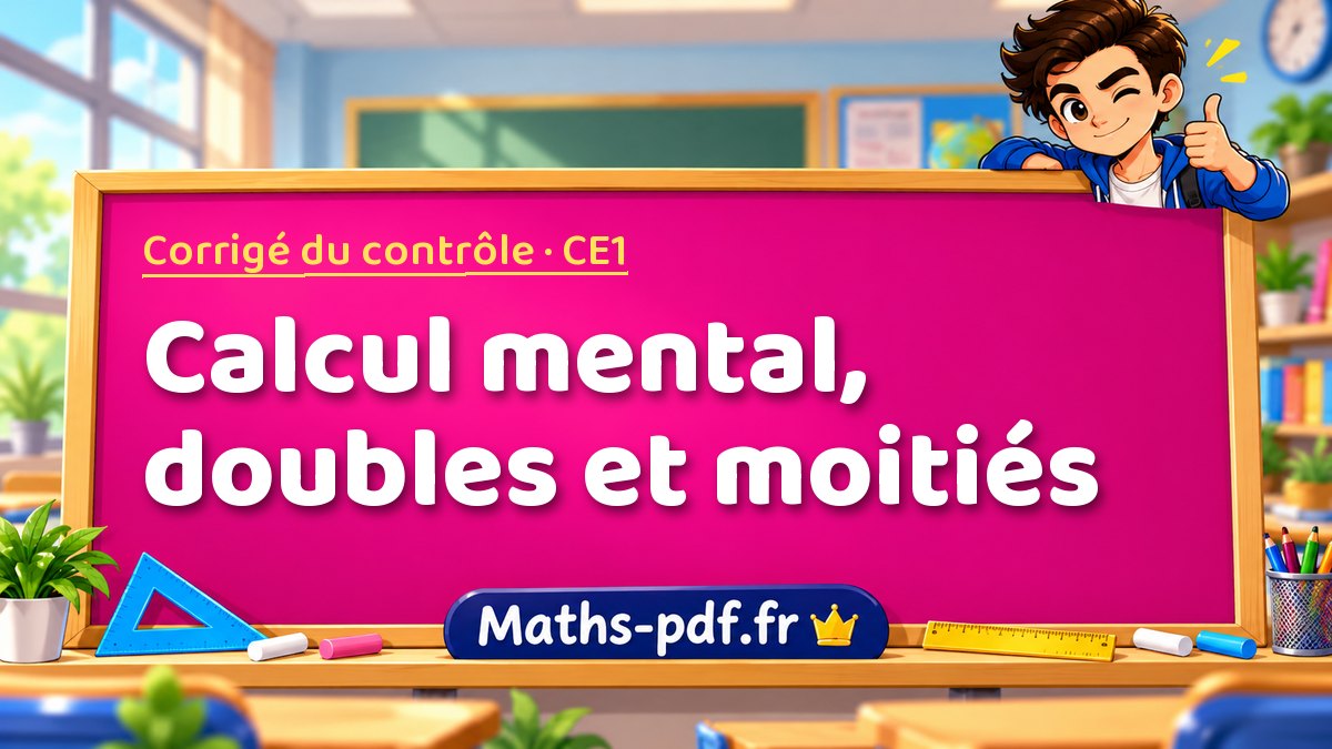 Calcul mental, doubles et moitiés – Corrigé de contrôle de maths niveau CE1 sur Maths-pdf.fr