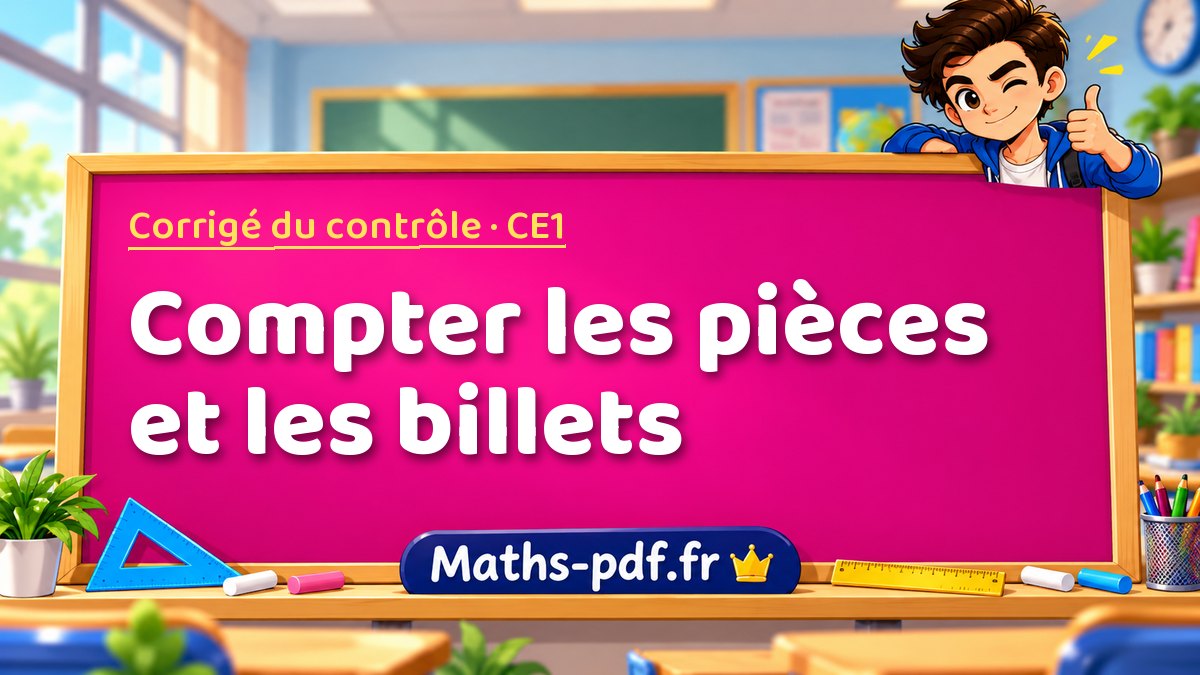 Compter les pièces et les billets – Corrigé de contrôle de maths niveau CE1 sur Maths-pdf.fr