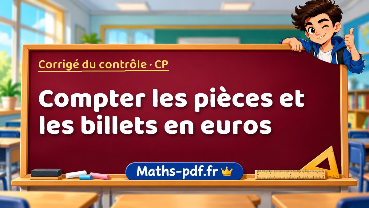 Compter les pièces et les billets en euros – Corrigé de contrôle de maths niveau CP sur Maths-pdf.fr