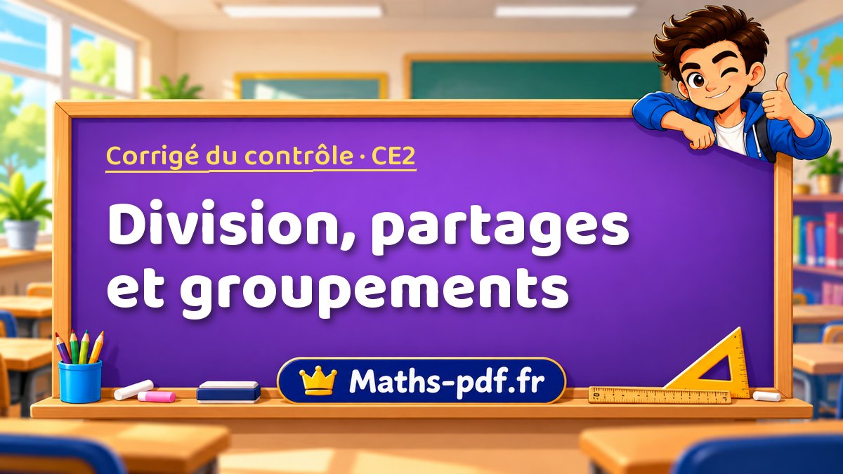 Division, partages et groupements – Corrigé de contrôle de maths niveau CE2 sur Maths-pdf.fr