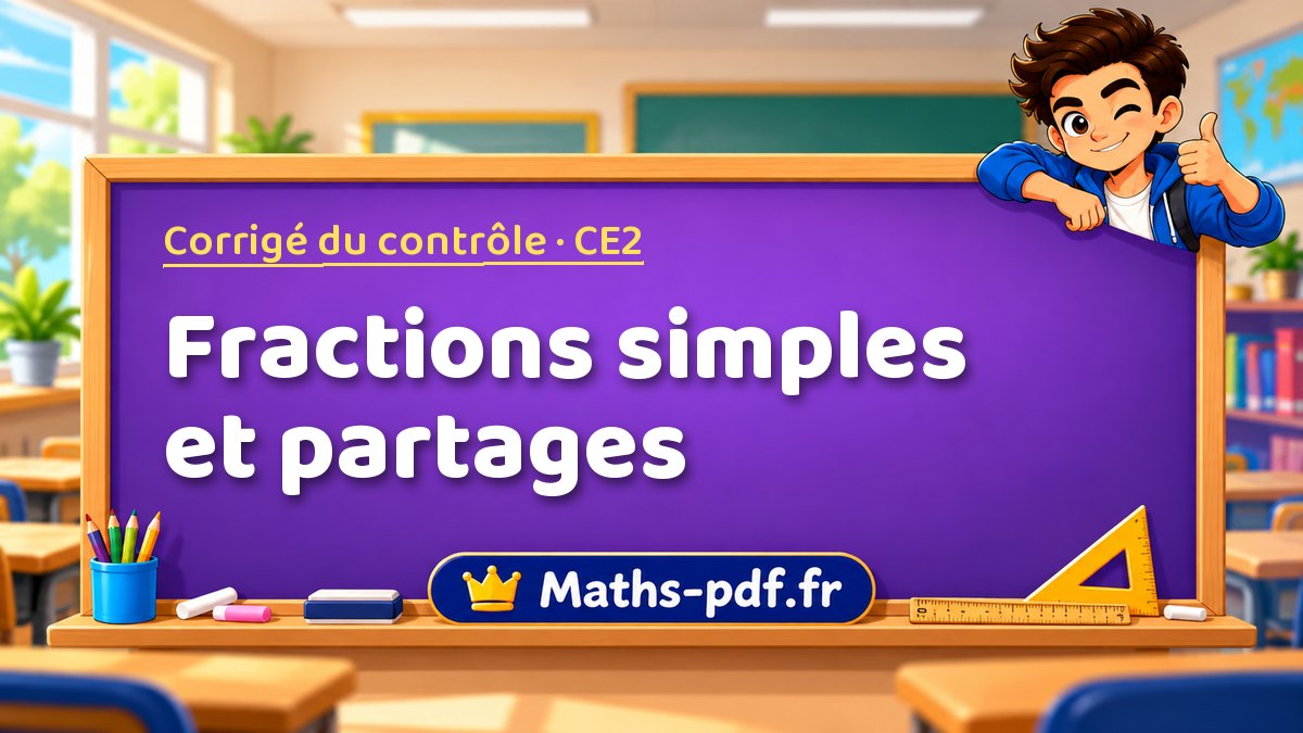 Fractions simples et partages – Corrigé de contrôle de maths niveau CE2 sur Maths-pdf.fr
