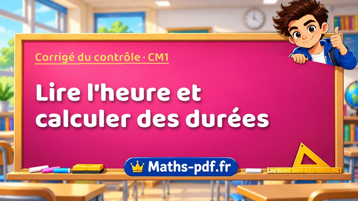Lire l'heure et calculer des durées – Corrigé de contrôle de maths niveau CM1 sur Maths-pdf.fr
