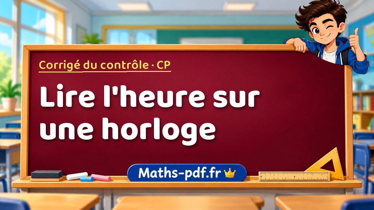 Lire l'heure sur une horloge – Corrigé de contrôle de maths niveau CP sur Maths-pdf.fr