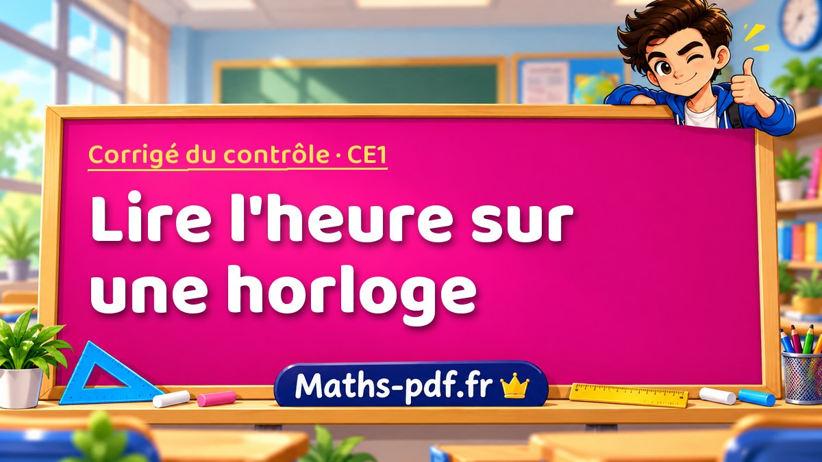Lire l'heure sur une horloge – Corrigé de contrôle de maths niveau CE1 sur Maths-pdf.fr