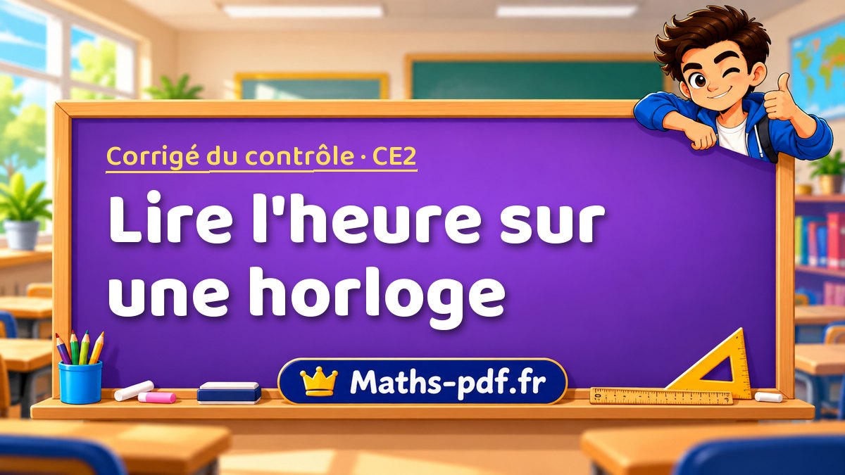 Lire l'heure sur une horloge – Corrigé de contrôle de maths niveau CE2 sur Maths-pdf.fr