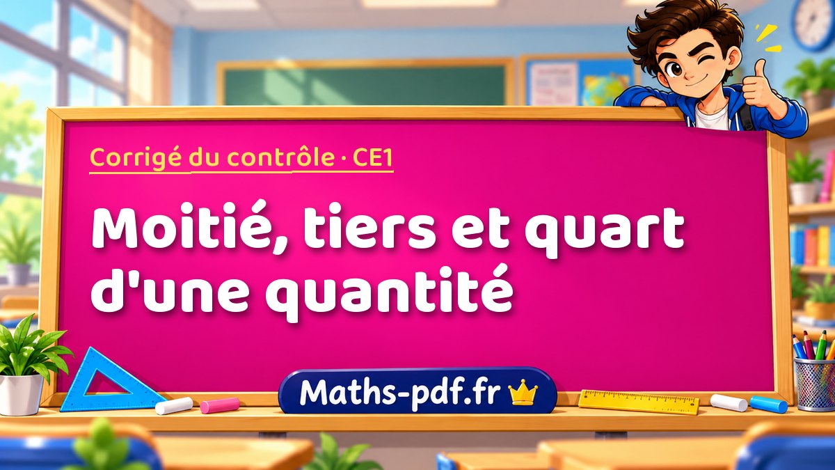 Moitié, tiers et quart d'une quantité – Corrigé de contrôle de maths niveau CE1 sur Maths-pdf.fr
