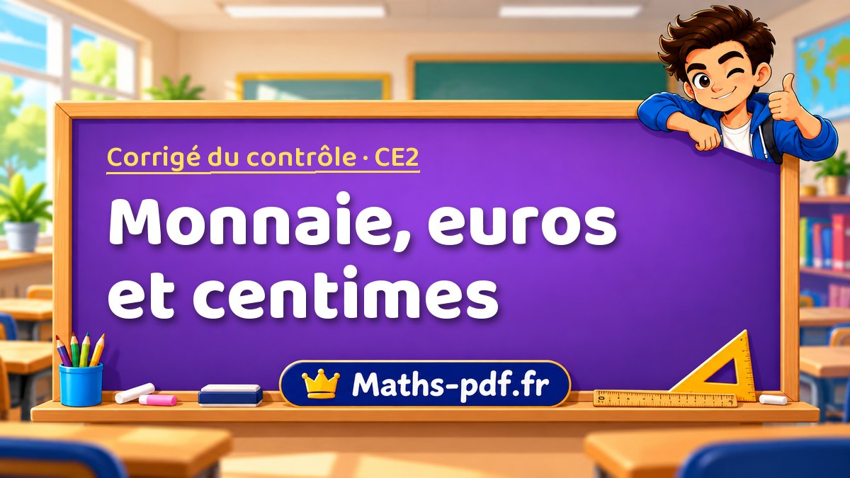 Monnaie, euros et centimes – Corrigé de contrôle de maths niveau CE2 sur Maths-pdf.fr