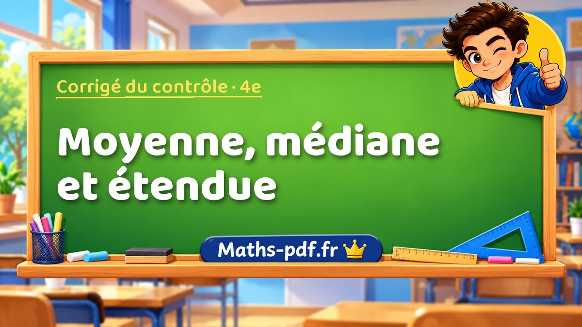 Moyenne, médiane et étendue – Corrigé de contrôle de maths niveau 4e sur Maths-pdf.fr