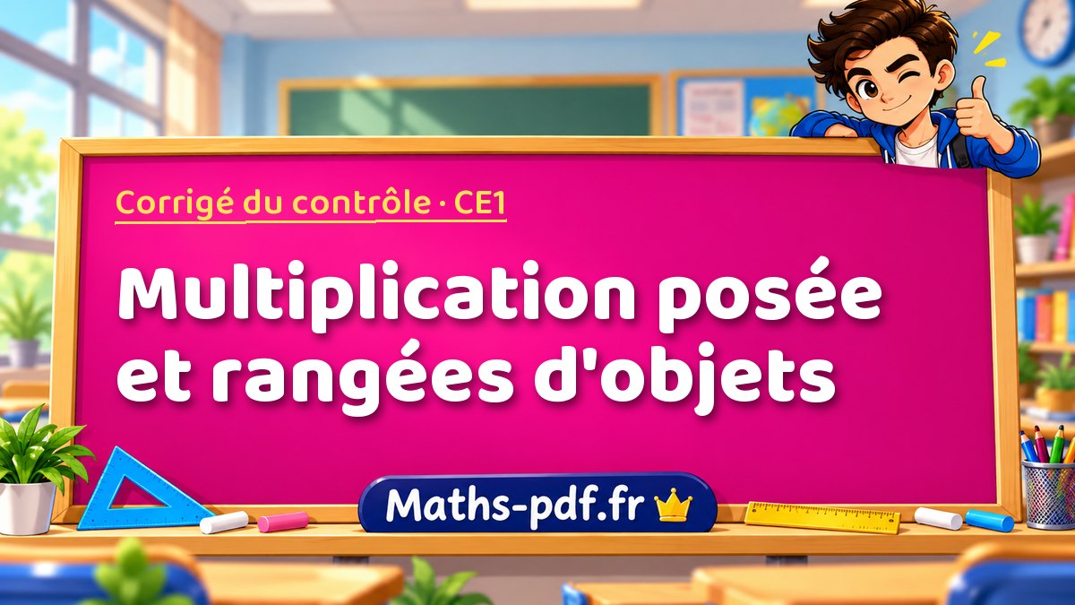 Multiplication posée et rangées d'objets – Corrigé de contrôle de maths niveau CE1 sur Maths-pdf.fr