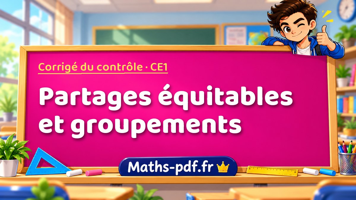 Partages équitables et groupements – Corrigé de contrôle de maths niveau CE1 sur Maths-pdf.fr