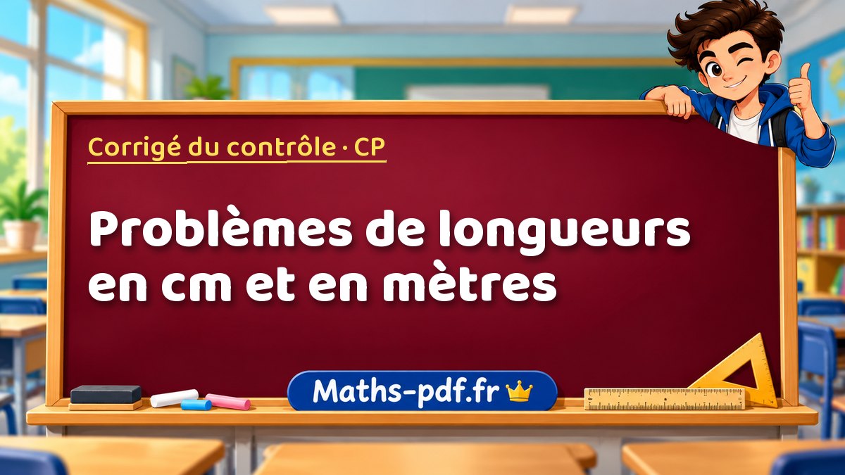 Problèmes de longueurs en cm et en mètres – Corrigé de contrôle de maths niveau CP sur Maths-pdf.fr