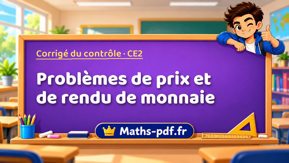 Problèmes de prix et de rendu de monnaie – Corrigé de contrôle de maths niveau CE2 sur Maths-pdf.fr