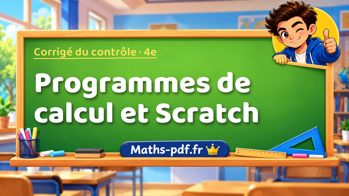 Programmes de calcul et Scratch – Corrigé de contrôle de maths niveau 4e sur Maths-pdf.fr