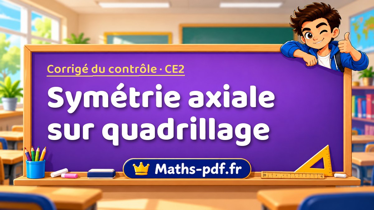 Symétrie axiale sur quadrillage – Corrigé de contrôle de maths niveau CE2 sur Maths-pdf.fr