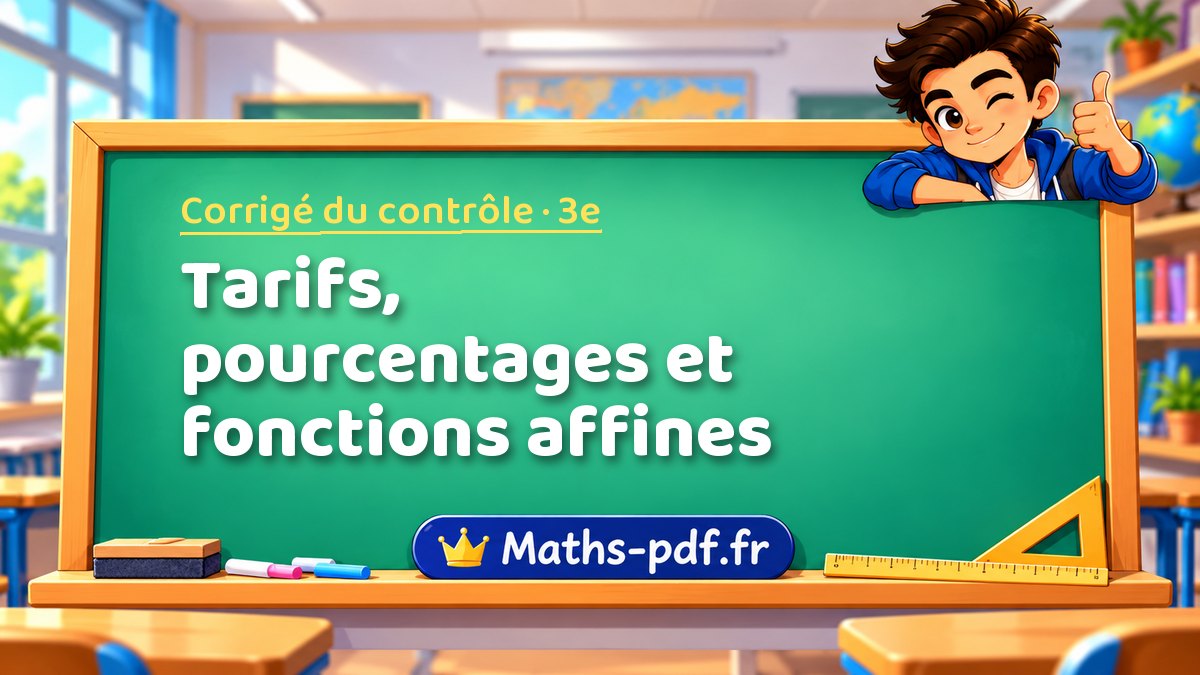 Tarifs, pourcentages et fonctions affines – Corrigé de contrôle de maths niveau 3e sur Maths-pdf.fr