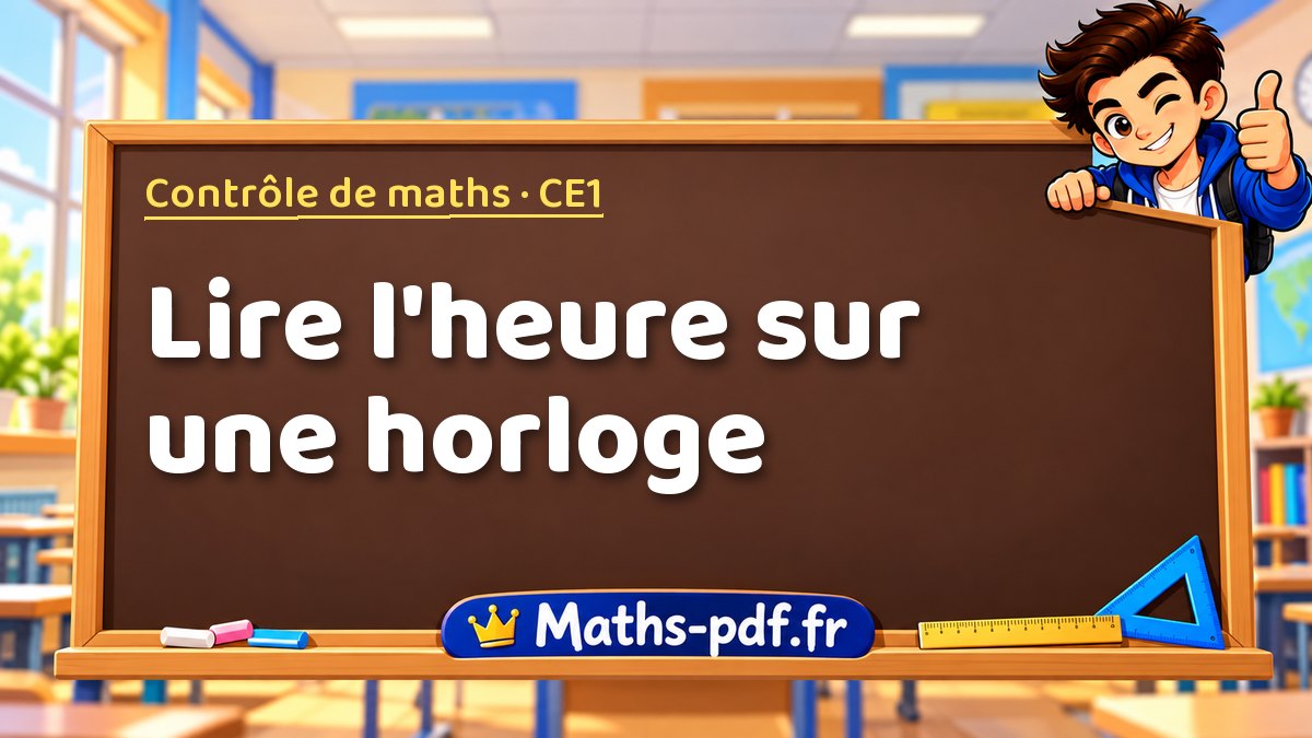 Lire l'heure sur une horloge – Contrôle de maths niveau CE1 sur Maths-pdf.fr