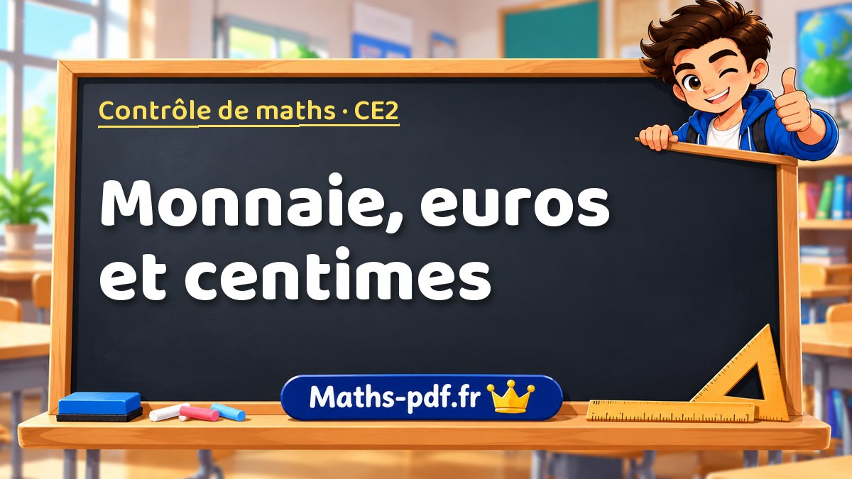 Monnaie, euros et centimes – Contrôle de maths niveau CE2 sur Maths-pdf.fr