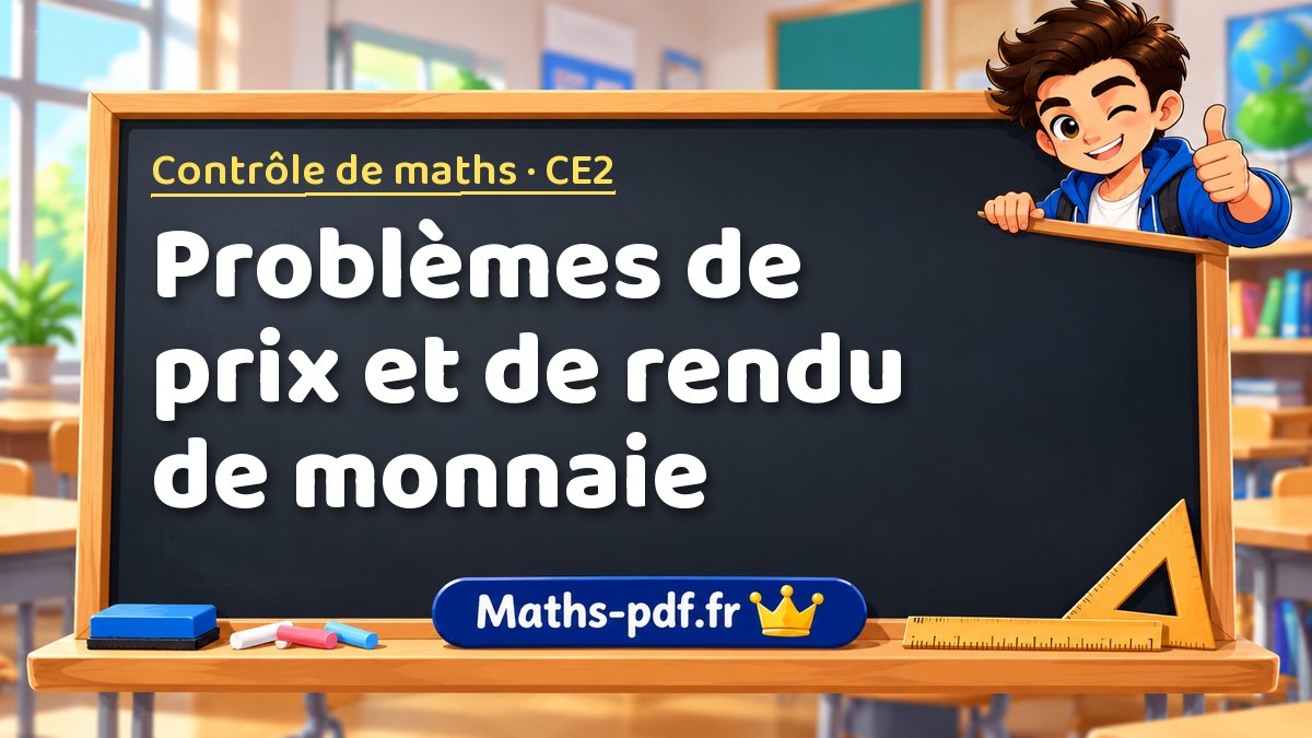 Problèmes de prix et de rendu de monnaie – Contrôle de maths niveau CE2 sur Maths-pdf.fr