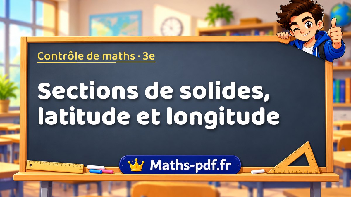Sections de solides, latitude et longitude – Contrôle de maths niveau 3e sur Maths-pdf.fr