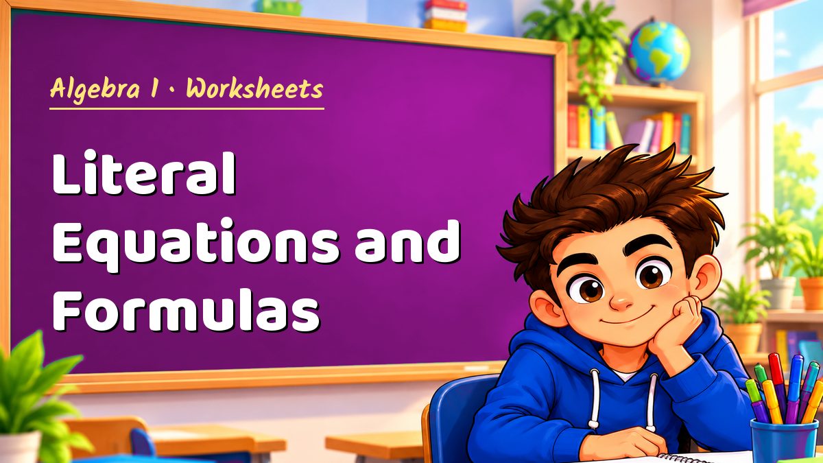 Algebra 1 math worksheet: Literal Equations and Formulas – Maths PDF