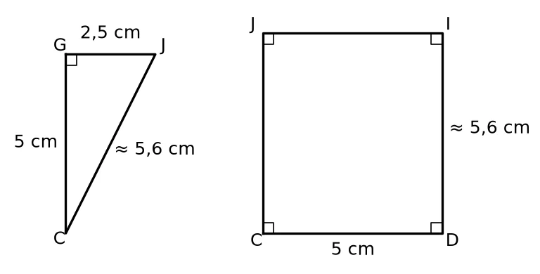 Triangle GJC rectangle en G avec GC = 5 cm, GJ = 2,5 cm et JC environ 5,6 cm, à côté du rectangle CDIJ de côtés CD = 5 cm et DI environ 5,6 cm