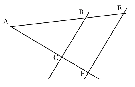 Triangle ABC avec E sur la demi-droite [AB) au-delà de B et F sur la demi-droite [AC) au-delà de C, et les droites (BC) et (EF)