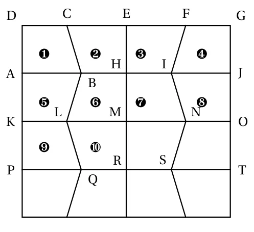 Vue de dessus du pavage : rectangle quadrillé par des lignes brisées, avec dix dalles numérotées de 1 à 10 et les points A à T placés aux sommets