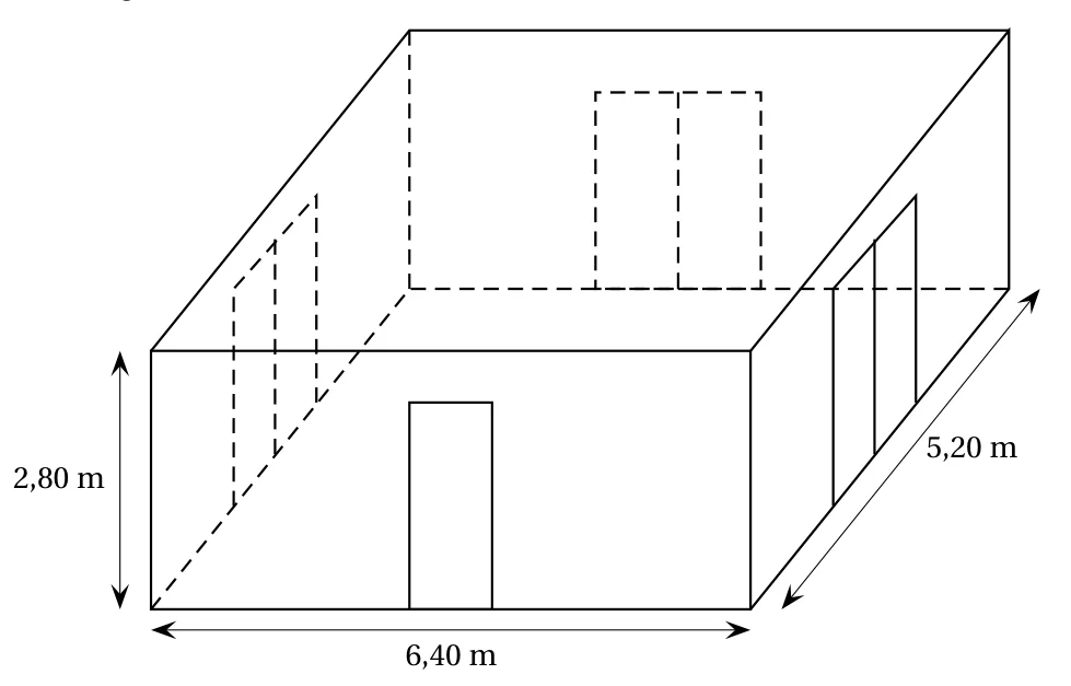 Local en forme de pavé droit de 6,40 m de long, 5,20 m de large et 2,80 m de haut, sans plafond dessiné : une porte sur le mur de devant et une baie vitrée sur chacun des trois autres murs