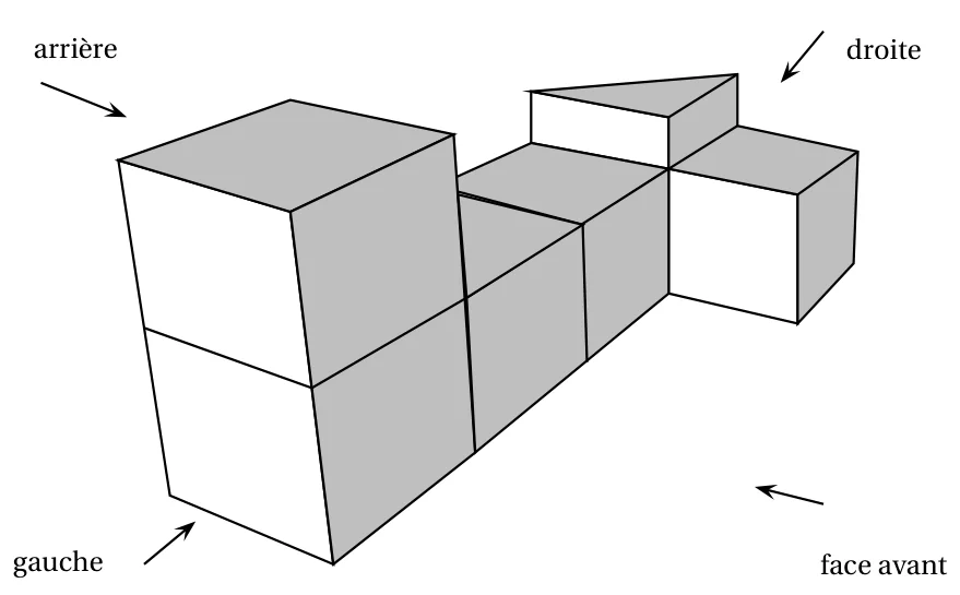 Solide en perspective formé de six cubes collés et d'un petit prisme droit posé sur l'un d'eux, avec quatre flèches indiquant les directions de vue arrière, gauche, droite et face avant