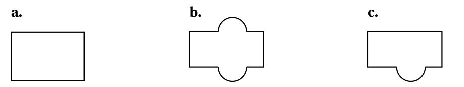 Proposition a : le rectangle seul. Proposition b : le rectangle avec un demi-cercle vers l'extérieur en haut et un autre vers l'extérieur en bas. Proposition c : le rectangle avec seulement un demi-cercle vers l'extérieur en bas