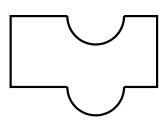 Rectangle dont le côté du haut est creusé d'un demi-cercle vers l'intérieur et dont le côté du bas porte un demi-cercle vers l'extérieur, de même rayon