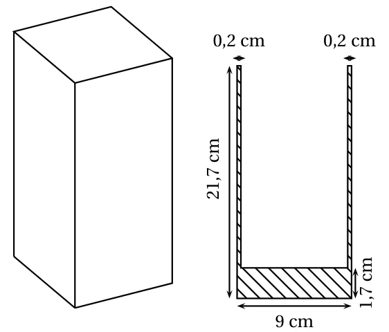 Vase en forme de pavé droit dessiné en perspective, et sa coupe : hauteur extérieure 21,7 cm, largeur extérieure 9 cm, bords de 0,2 cm d'épaisseur et fond hachuré de 1,7 cm d'épaisseur