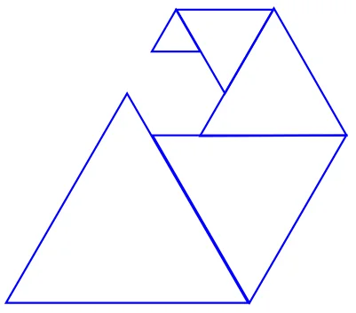 Nouvelle figure : un grand triangle équilatéral posé sur une base horizontale, puis des triangles équilatéraux de plus en plus petits qui s'enroulent vers le haut et vers la gauche, chacun tourné de 60 degrés par rapport au précédent