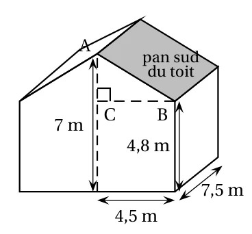 Maison en perspective : le pan sud du toit est grisé ; A est le faîte du toit à 7 m du sol, B est le haut du mur à 4,8 m du sol, C est sur la verticale de A à la hauteur de B avec un angle droit en C ; la largeur de la maison est 4,5 m et la longueur 7,5 m