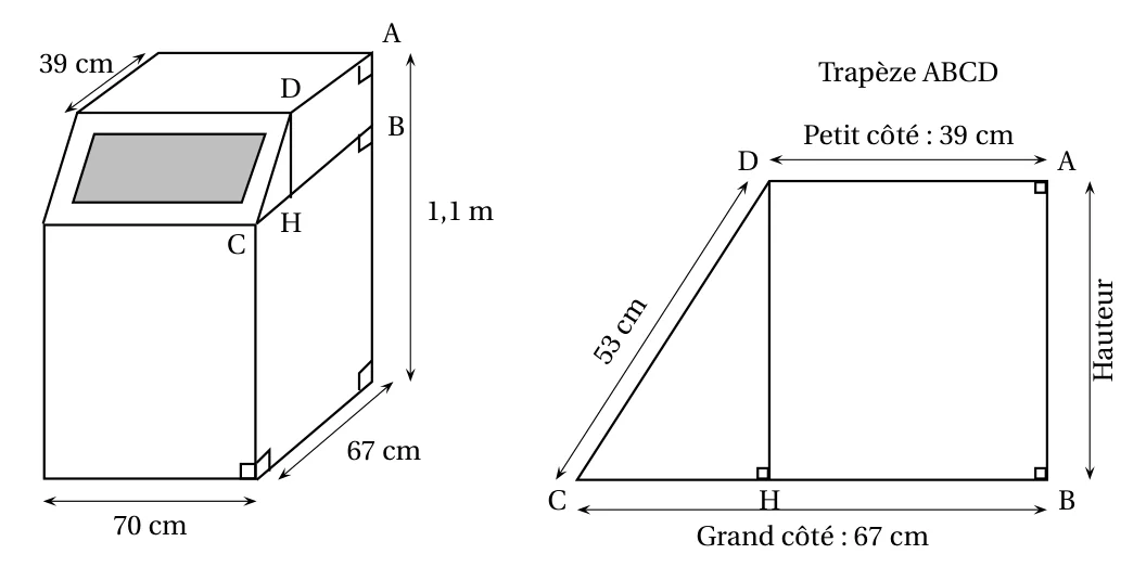 À gauche, le composteur en perspective : pavé droit de 70 cm de large et 67 cm de profondeur surmonté d'un prisme droit, hauteur totale 1,1 m, points A, B, C, D, H ; à droite, le trapèze ABCD rectangle en A et B avec petit côté DA = 39 cm, grand côté CB = 67 cm, CD = 53 cm et H pied de la hauteur issue de D