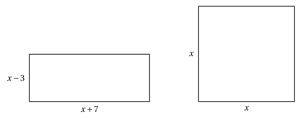 Un rectangle de largeur x − 3 et de longueur x + 7, à côté d'un carré de côté x
