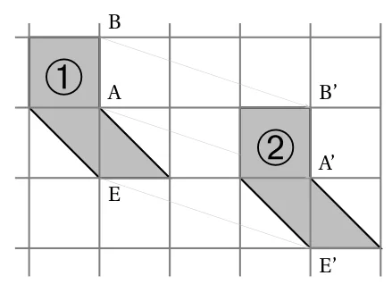 Quadrillage avec deux figures grises identiques : la figure 1 de sommets B, A, E et la figure 2 de sommets B', A', E', décalée de 3 carreaux vers la droite et 1 carreau vers le bas